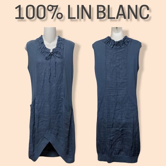 100% LIN BLANC Blue Linen Pocket Dress M - Picture 1 of 10